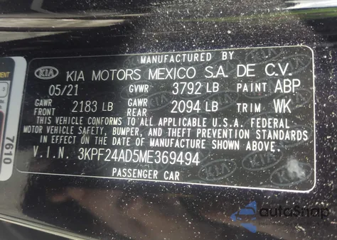 2021 Kia Forte Lxs from USA, damaged, VIN 3KPF24AD5ME369494